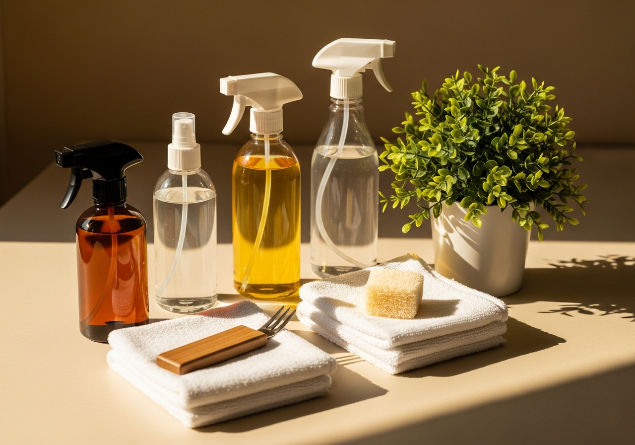 Eco-friendly cleaning supplies arranged neatly with fresh cloths and plants